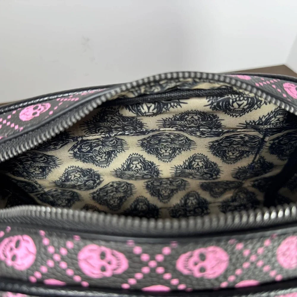 Ed Hardy Satchel Handbag Black Pink Skull Hearts Rhinestone Vegan Leather Purse